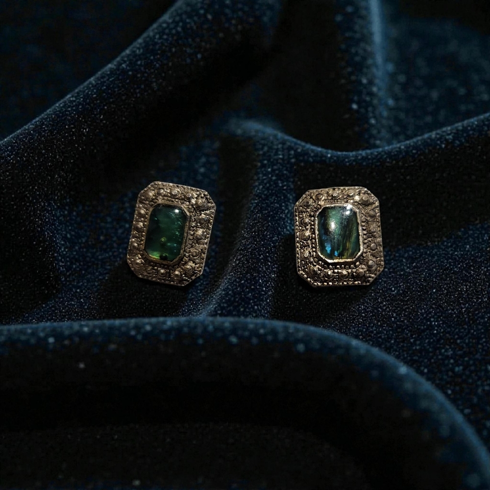 Vintage Silver tone and Green Earrings